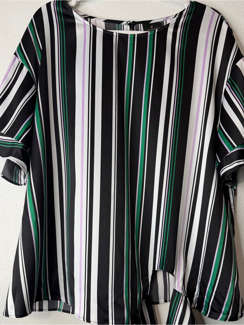 Striped Short-Sleeve Blouse in Black, White & Green,Tie Front Blouse,Large - Picture 2 of 9